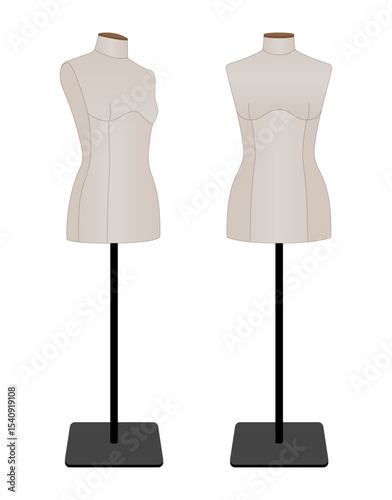 Realistic vector illustration of two female dressmaker mannequins on stands. Tailoring and fashion design forms for garment fitting. Isolated on white background.