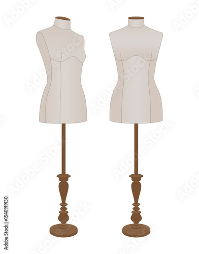 Realistic vector illustration of two female dressmaker mannequins on stands. Tailoring and fashion design forms for garment fitting. Isolated on white background.