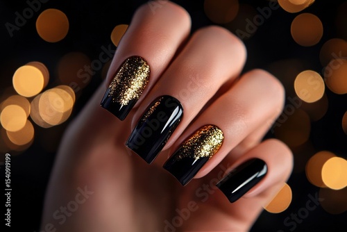 Elegant Black and Gold Nail Design With Glitter Details on Displayed Hand.