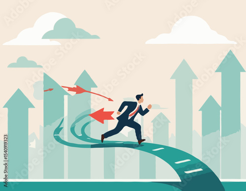 Career decision, choosing direction choices for future opportunity, different path to success, decide or progress options for career growth concept, businessman running to different arrow pathway.