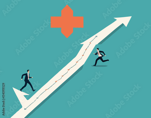 Career decision, choosing direction choices for future opportunity, different path to success, decide or progress options for career growth concept, businessman running to different arrow pathway.