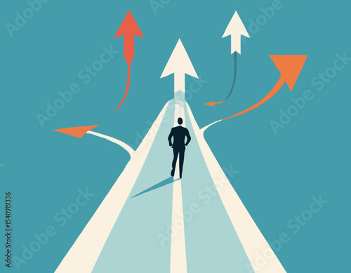 Career decision, choosing direction choices for future opportunity, different path to success, decide or progress options for career growth concept, businessman running to different arrow pathway.