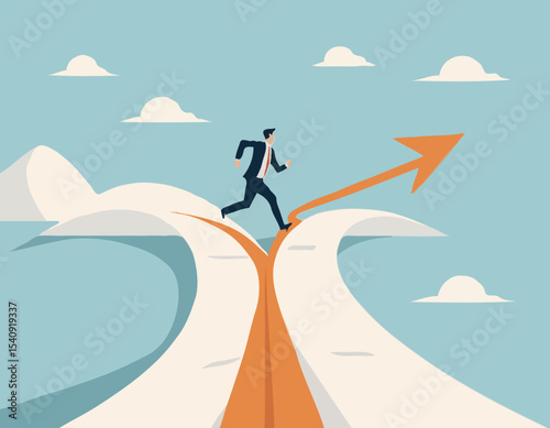 Career decision, choosing direction choices for future opportunity, different path to success, decide or progress options for career growth concept, businessman running to different arrow pathway.