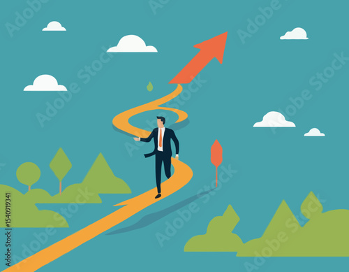 Career decision, choosing direction choices for future opportunity, different path to success, decide or progress options for career growth concept, businessman running to different arrow pathway.