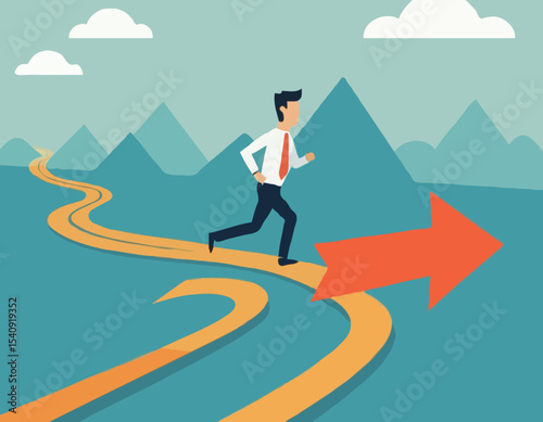 Career decision, choosing direction choices for future opportunity, different path to success, decide or progress options for career growth concept, businessman running to different arrow pathway.