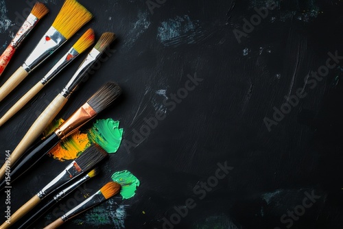 Colorful Paint and Brushes Arranged on a Dark Textured Surface for Artistic C...
