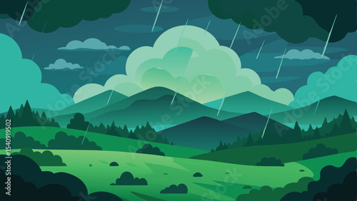 Stylized illustration of a rainy mountain landscape depicting overcast skies and forest