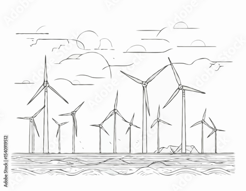 continuous single line drawing of wind farm, renewable energy wind turbines line art vector illustration