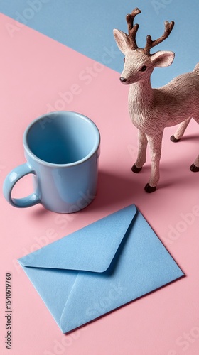 Cozy Coffee Moment With a Blue Envelope and Decorative Deer Figurine on Soft ...