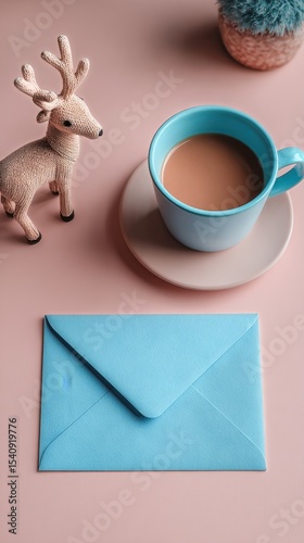Cozy Coffee Moment With a Blue Envelope and Decorative Deer Figurine on a Sof...