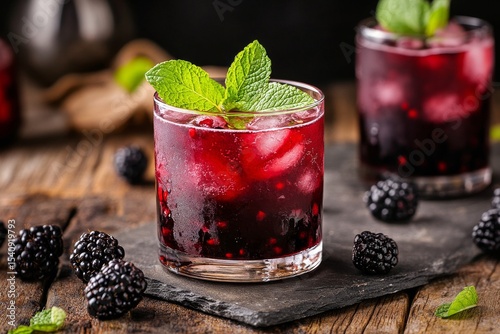 Refreshing Berry Drinks Served With Mint on a Wooden Table in a Cozy Setting