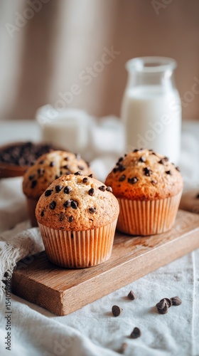 Freshly Baked Chocolate Chip Muffins With Milk on Wooden Board in Cozy Kitche...