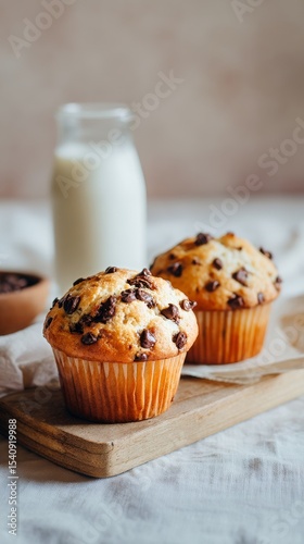 Freshly Baked Chocolate Chip Muffins on a Wooden Board With Milk in a Cozy Ki...