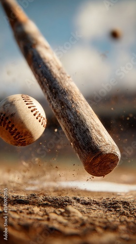 Close-up of Baseball Bat Striking Ball During Sunny Day at Sports Field