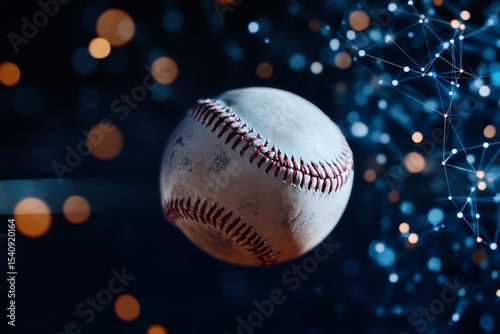 Baseball Flying Through a Dynamic Abstract Background With Glowing Elements.