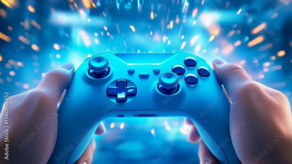 Hands holding blue gaming controller with dynamic blue and orange particle background. Close-up of game controller with glowing buttons and textured grip. Immersive gaming visual.