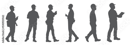 People with various occupations professions standing together in row vector flat black silhouettes set collection.
