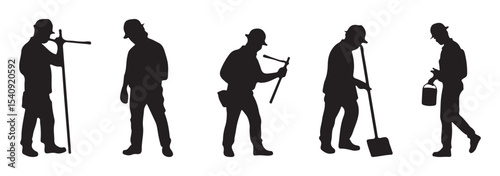 People with various occupations professions standing together in row vector flat black silhouettes set collection.