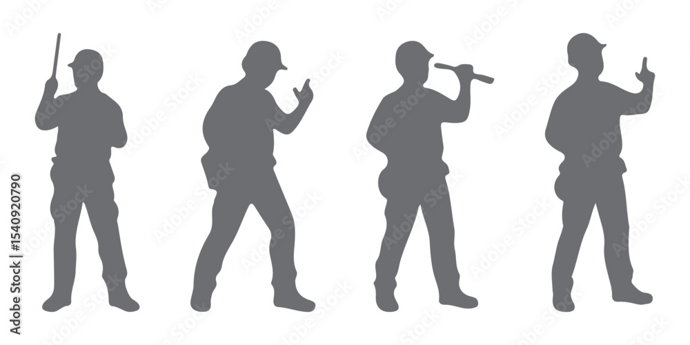 Obraz premium Construction worker poses wearing helmet and vest. Different color options. Worker silhouette set. Hand-drawn vector illustration isolated on white. Full length view