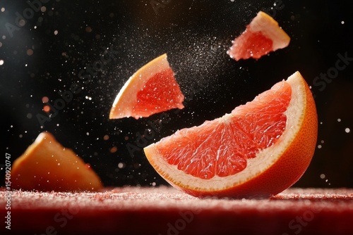 Fresh Grapefruit Slices Flying Through the Air With Sugar Dust in a Vibrant K...