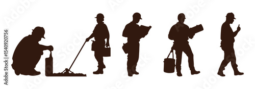 construction worker at work in different poses with tools silhouettes