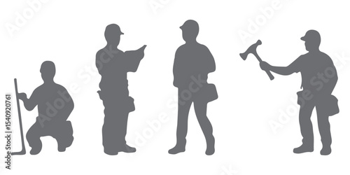 construction worker at work in different poses with tools silhouettes