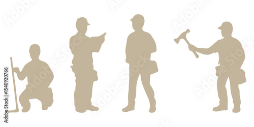 construction worker at work in different poses with tools silhouettes