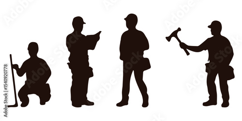 construction worker at work in different poses with tools silhouettes