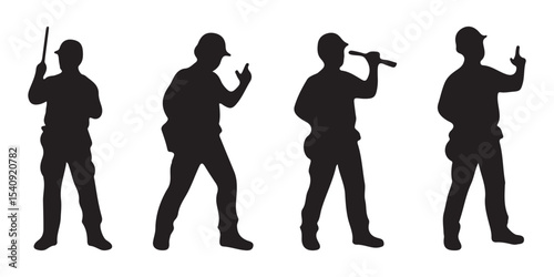 construction worker at work in different poses with tools silhouettes