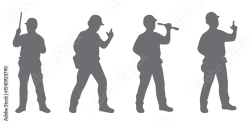 Construction worker poses wearing helmet and vest. Different color options. Worker silhouette set. Hand-drawn vector illustration isolated on white. Full length view