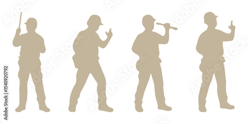 Construction worker poses wearing helmet and vest. Different color options. Worker silhouette set. Hand-drawn vector illustration isolated on white. Full length view