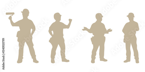Construction worker poses wearing helmet and vest. Different color options. Worker silhouette set. Hand-drawn vector illustration isolated on white. Full length view