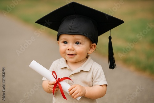 Adorable baby joyfully holding diploma in graduation cap outdoors