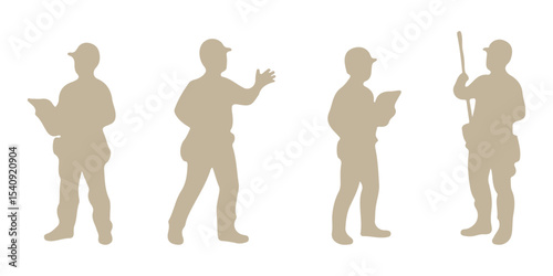 People with various occupations professions standing together in row vector flat black silhouettes set collection.