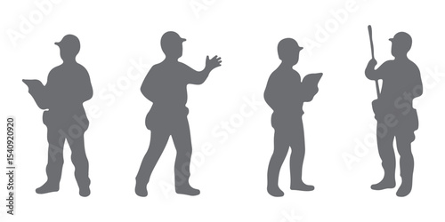 Big set of silhouettes of working builders. Set of eight silhouettes of construction workers