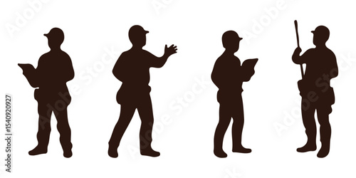 Big set of silhouettes of working builders. Set of eight silhouettes of construction workers