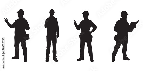 Big set of silhouettes of working builders. Set of eight silhouettes of construction workers