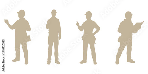 Big set of silhouettes of working builders. Set of eight silhouettes of construction workers
