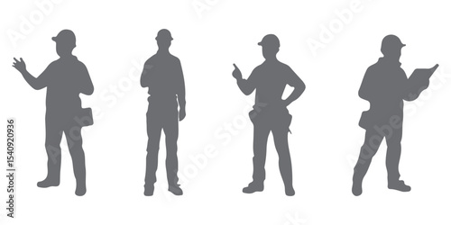 Big set of silhouettes of working builders. Set of eight silhouettes of construction workers