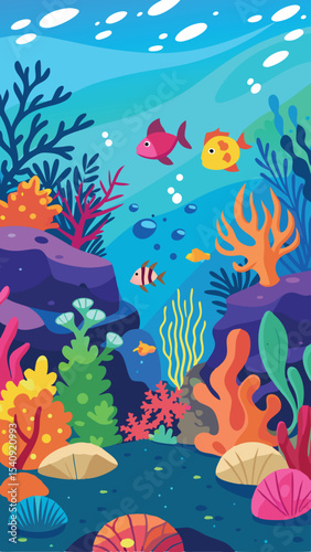 Underwater world illustration with colorful fish coral reef and marine life elements