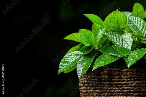 Indoor Plant With Vibrant Green Leaves in a Woven Basket on a Dark Background...