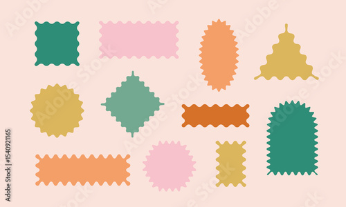 Wavy, zigzag borders groovy scallop geometric shapes, figures. Color vector feometric forms, y2k boxes