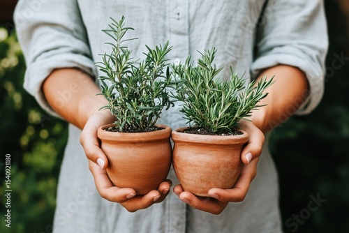 Woman Holding Two Small Potted Rosemary Plants in a Garden Setting During Day...