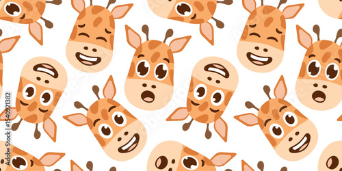 Smiling Giraffe Face Pattern in bright style for kid design. Repeating seamless print with delighted, shy head of spotted African Animal. Cartoon facial expression, emoji. Avatars. Vector illustration