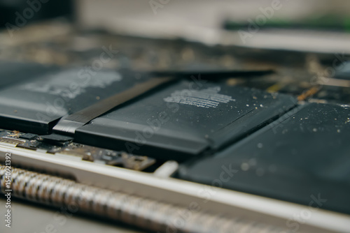 A closeup, detailed view showcasing lithiumion batteries integrated into the intricate internal structure of a laptop