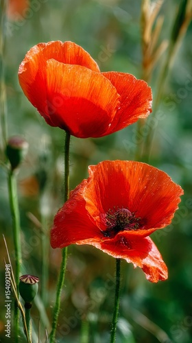 Vibrant Red Poppies Blooming in a Lush Green Field During a Sunny Day in Spring.