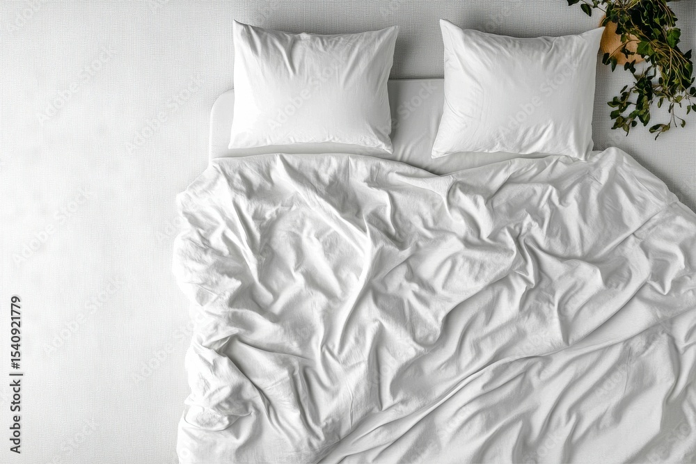 Obraz premium Soft White Bedding With Neatly Arranged Pillows on a Rumpled Bedspread in a Cozy Bedroom.