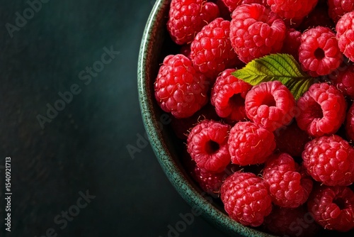 Fresh Raspberries in a Bowl With a Mint Leaf Highlighting Their Vibrant Color...