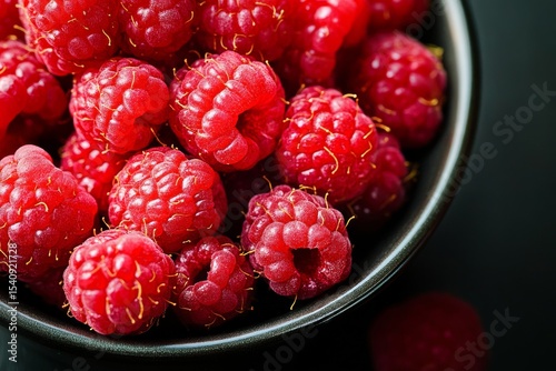 Fresh Raspberries in a Bowl With a Mint Leaf Highlighting Their Vibrant Color...