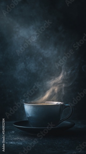 Warm Coffee Cup With Steam Rising in a Dark Setting During Early Morning Hours
